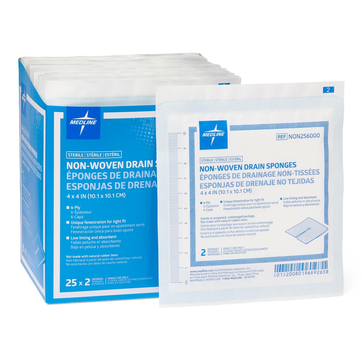 Gauze Drain Sponges, Split Sponges, 6-ply, Sterile, Non-woven