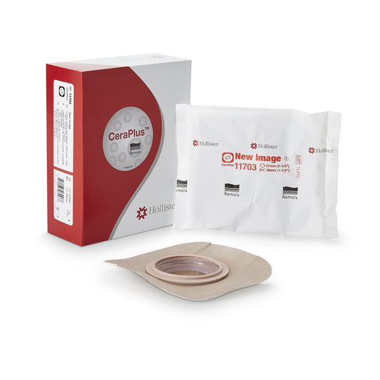 Ostomy Barrier New Image™ CeraPlus™ Trim to Fit, Extended Wear Adhesive Tape Borders 57 mm Flange Red Code System Up to 1-1/2 Inch Opening