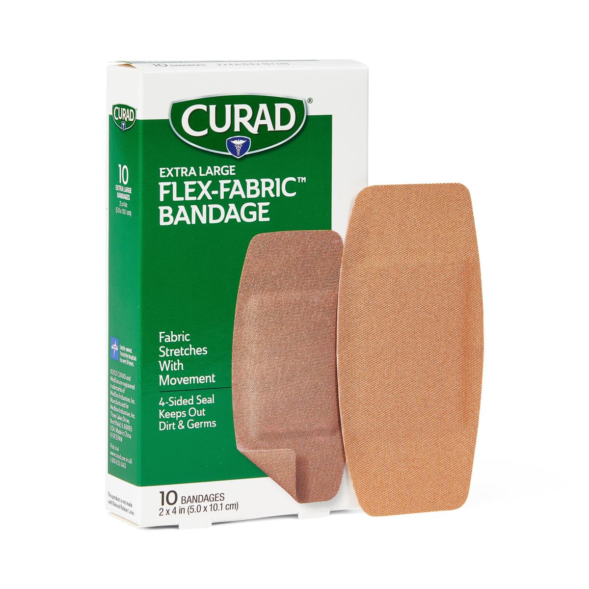 CURAD Flex-Fabric Adhesive Bandages, Extra Large 2" x 4" Strips, 10/Box