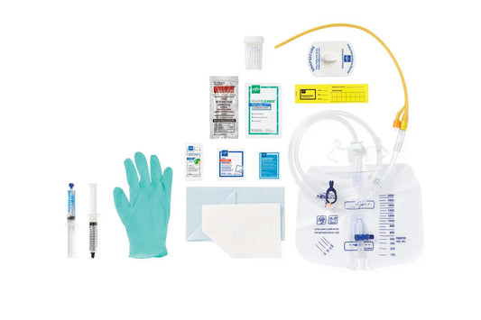 Single Layer Latex Foley Catheter Tray with Silicone-Elastomer Coated Latex Catheter, 16 Fr x 16" L, 10 mL, SnapSecure Device, 2,000 mL Drain Bag and Peri-Care Wipe